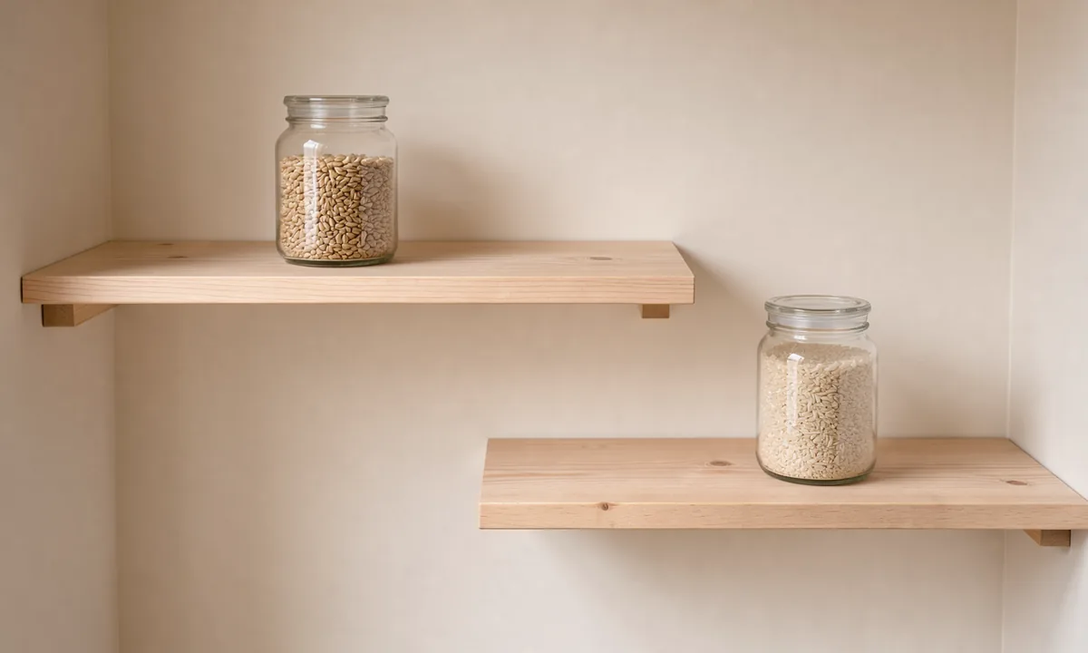 Afternoon light across separate pantry shelves holding jars of barley and rice