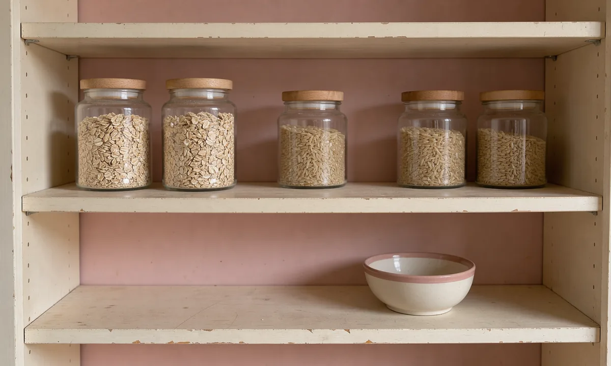 A small household pantry with unlabelled grain jars and generous open shelf space