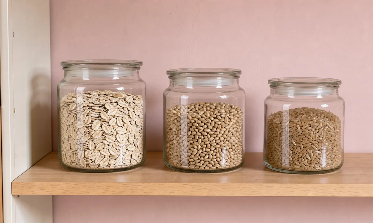 Three jars containing different grains, separated across a simple home pantry shelf