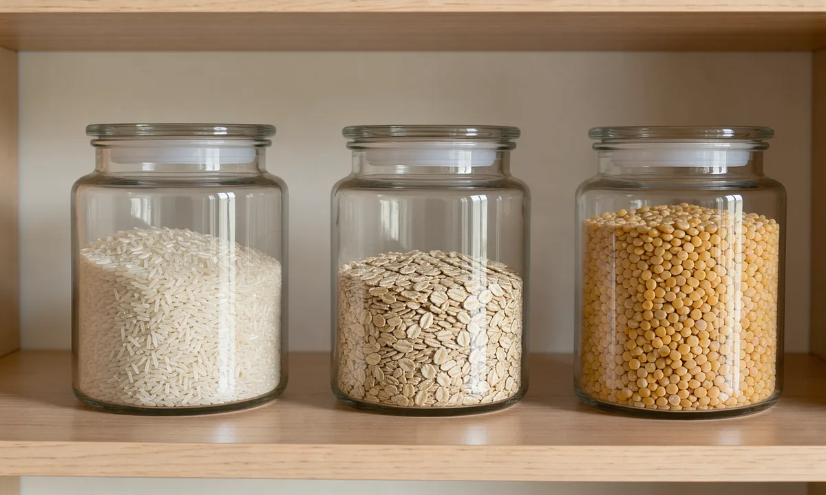 Plain kitchen jars holding different grains at different levels on an open shelf