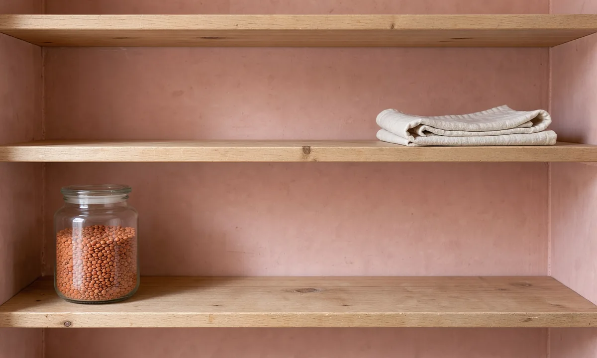 An open wooden pantry shelf with one jar of lentils and a wide empty interval