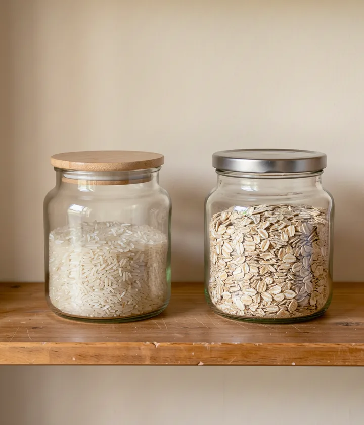 Separate unlabelled jars of rice and rolled oats on a household shelf