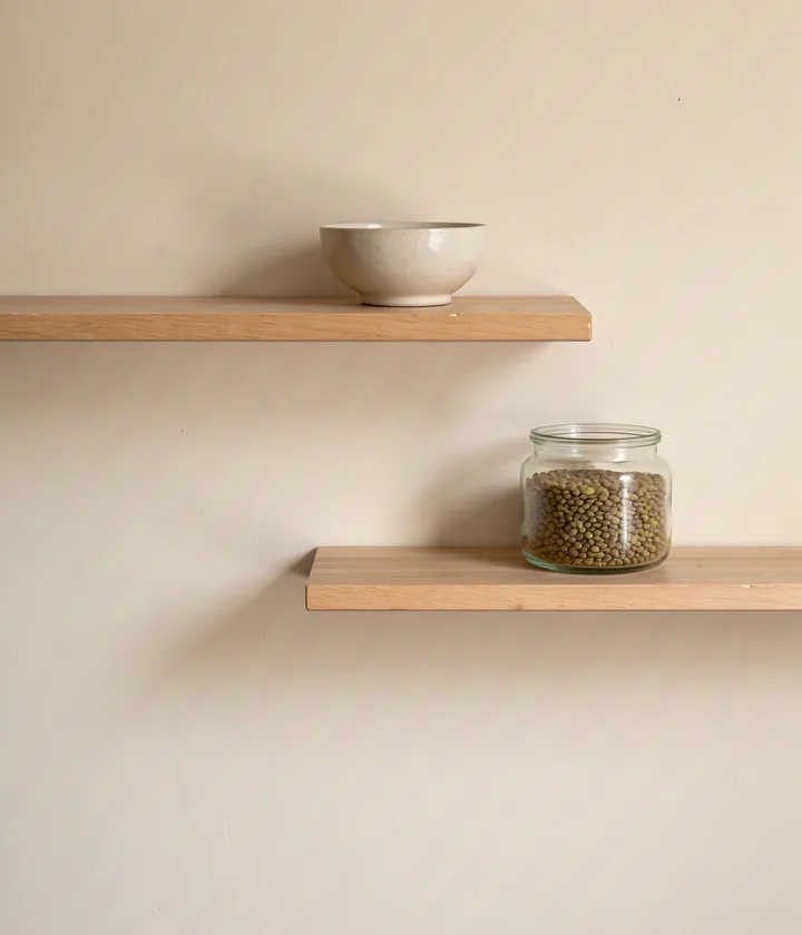 Two pantry shelves with a jar of lentils and open space between ordinary kitchen contents